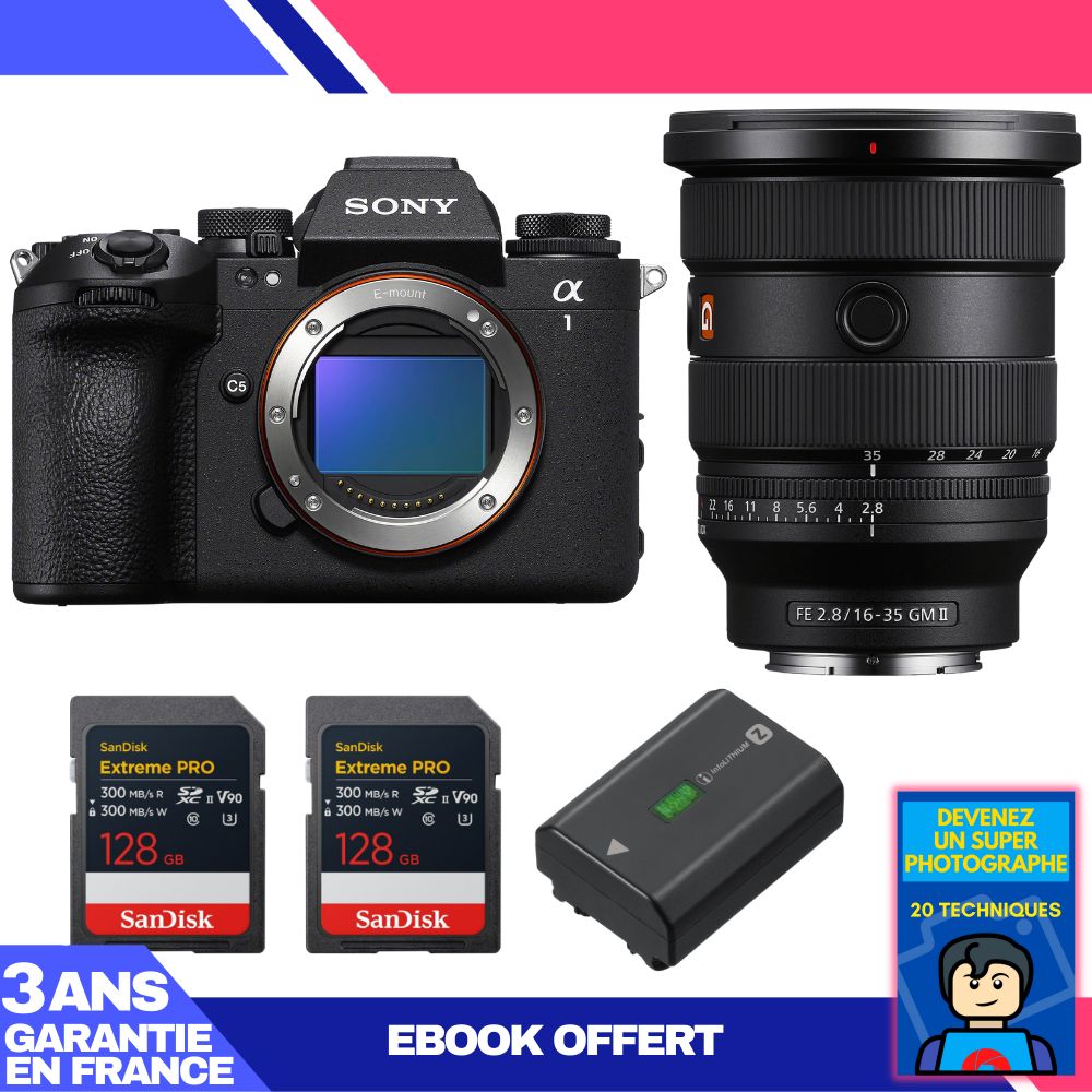 Sony Alpha 1 II Camera Body + FE 16-35mm f/2.8 GM II Lens + 2 SanDisk 128GB Extreme PRO UHS-II SDXC Cards + Sony NP-FZ100 Battery + 'Become a Super Photographer' Ebook