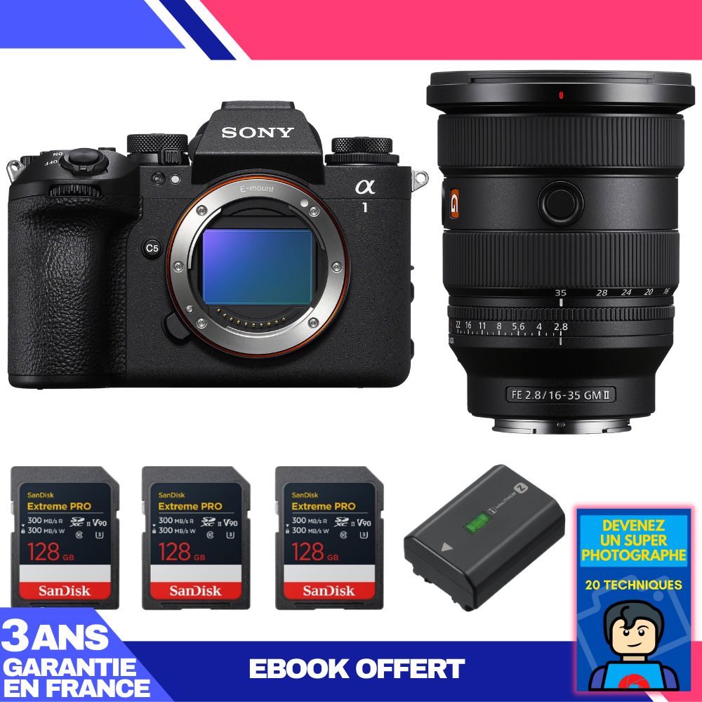 Sony Alpha 1 II Camera Body + FE 16-35mm f/2.8 GM II Lens + 3 SanDisk 128GB Extreme PRO UHS-II SDXC Cards + Sony NP-FZ100 Battery + 'Become a Super Photographer Ebook