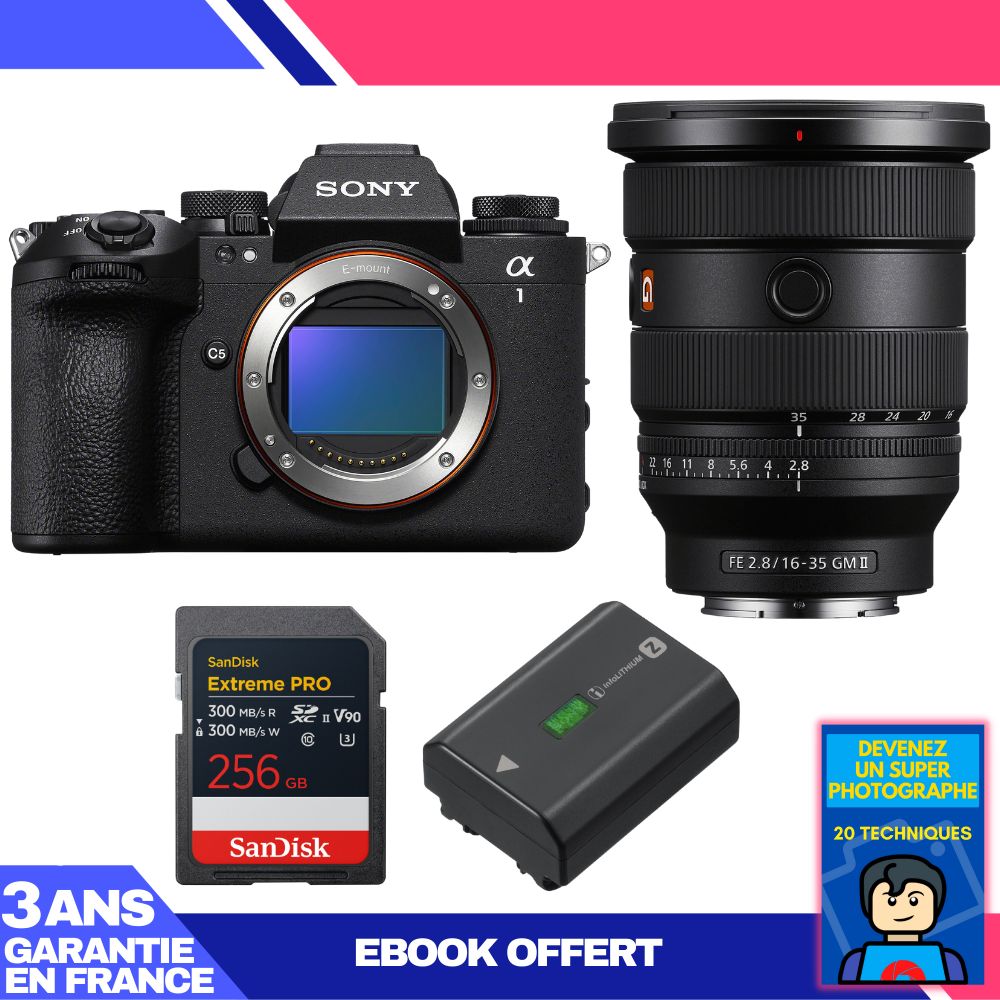 Sony Alpha 1 II Body + FE 16-35mm f/2.8 GM II Lens + 1 SanDisk 256GB Extreme PRO UHS-II SDXC + Sony NP-FZ100 + Ebook 'Devenez Un Super Photographe