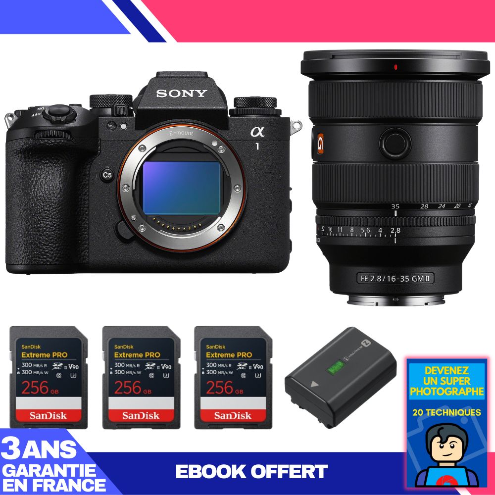 Sony Alpha 1 II Camera Body + FE 16-35mm f/2.8 GM II Lens + 3 SanDisk 256GB Extreme PRO UHS-II SDXC Cards + Sony NP-FZ100 Battery + 'Become a Super Photographer Ebook