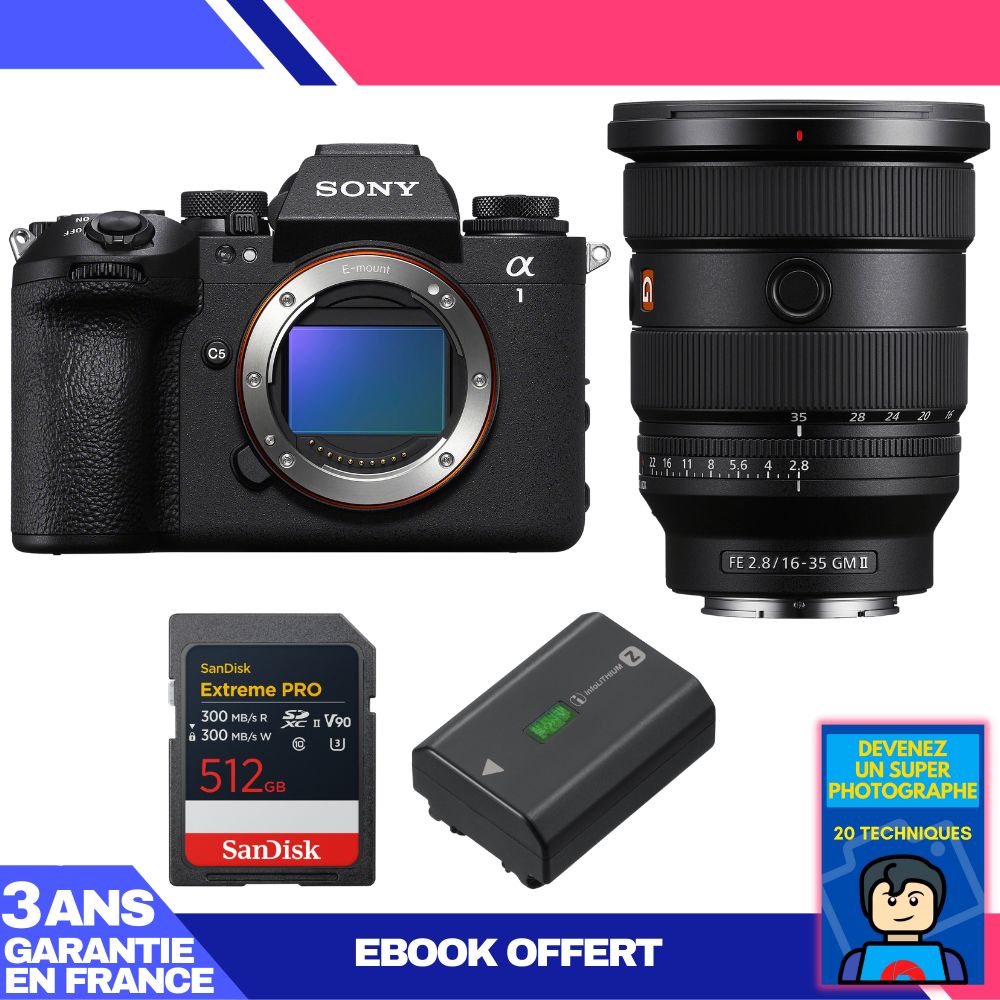 Sony Alpha 1 II Camera Body + FE 16-35mm f/2.8 GM II Lens + 1 SanDisk 512GB Extreme PRO UHS-II SDXC Card + Sony NP-FZ100 Battery + Ebook 'Become a Super Photographer'