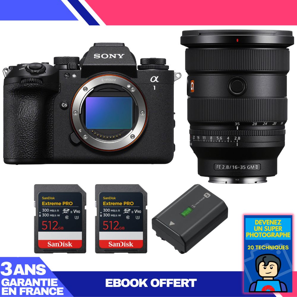 Sony Alpha 1 II Body + FE 16-35mm f/2.8 GM II Lens + 2x 512GB SanDisk Extreme PRO UHS-II SDXC Cards + Sony NP-FZ100 Battery + 'Become a Super Photographer' Ebook