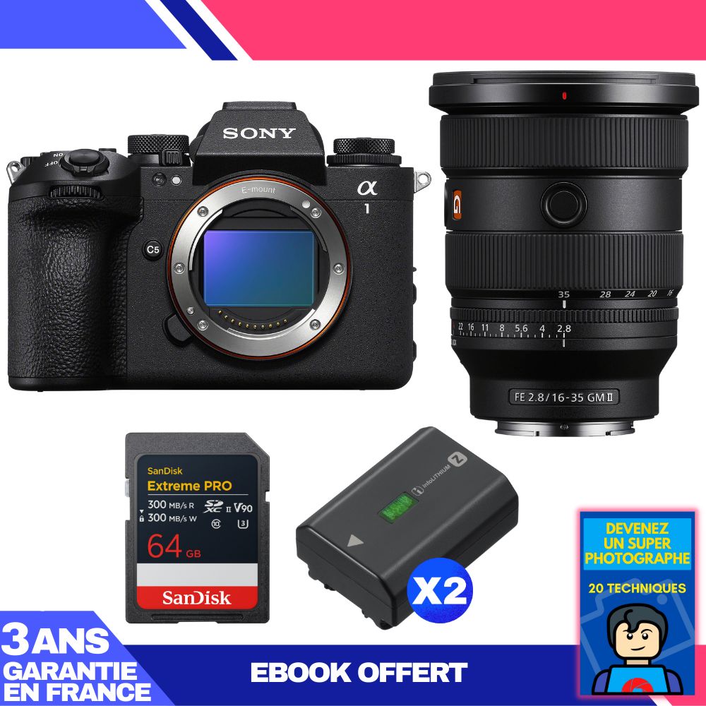 Sony Alpha 1 II Body + FE 16-35mm f/2.8 GM II Lens + 1 SanDisk 64GB Extreme PRO UHS-II SDXC Card + 2 Sony NP-FZ100 Batteries + Ebook 'Become a Super Photographer'