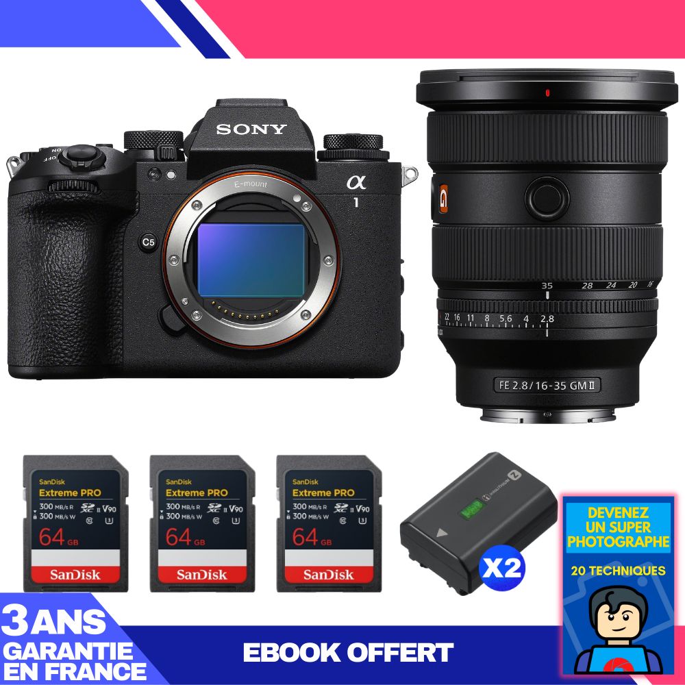 Sony Alpha 1 II Camera Body + FE 16-35mm f/2.8 GM II Lens + 3 SanDisk 64GB Extreme PRO UHS-II SDXC Cards + 2 Sony NP-FZ100 Batteries + Ebook 'Become a Super Photographer'