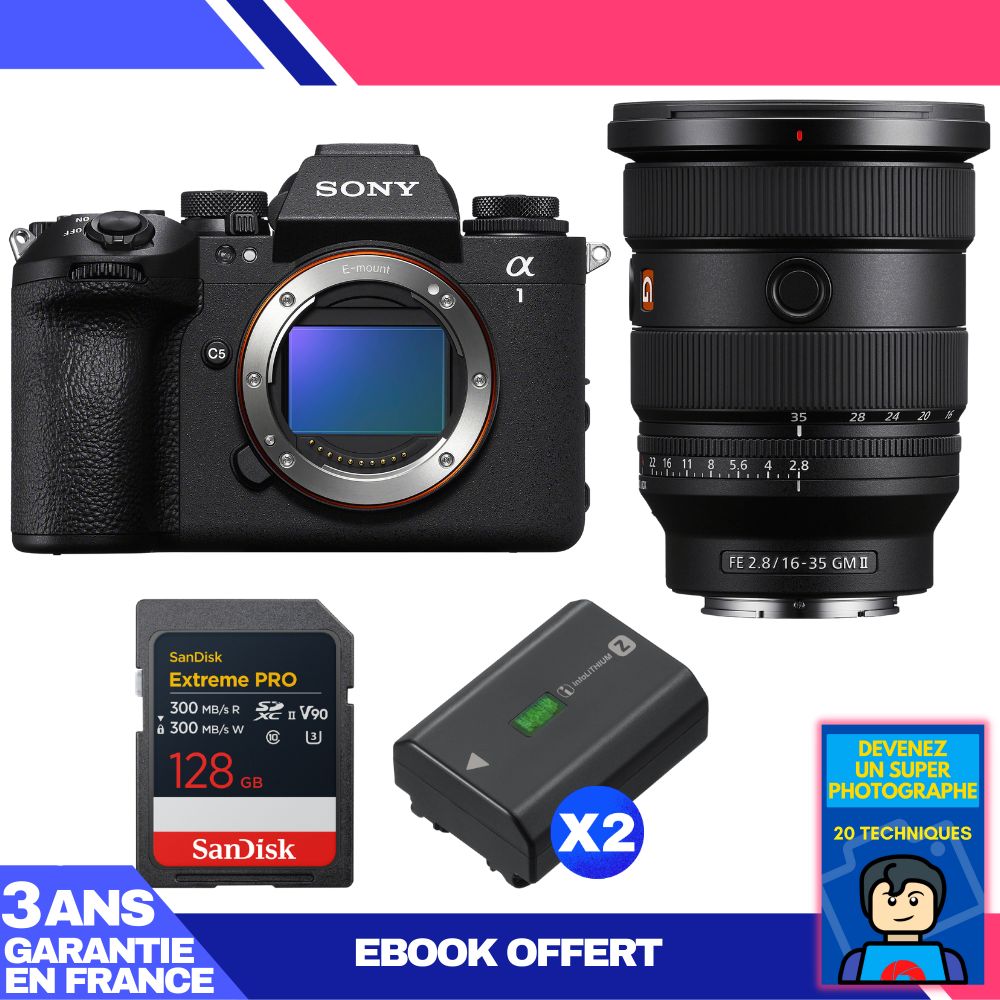Sony Alpha 1 II Camera Body + FE 16-35mm f/2.8 GM II Lens + 1 SanDisk 128GB Extreme PRO UHS-II SDXC + 2 Sony NP-FZ100 Batteries + Ebook 'Become a Super Photographer'