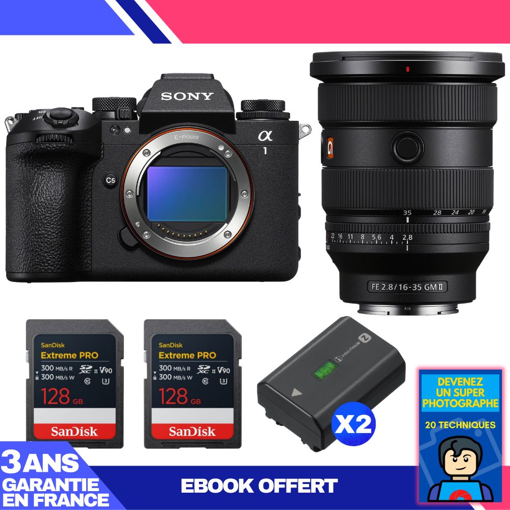 Sony Alpha 1 II Camera Body + FE 16-35mm f/2.8 GM II Lens + 2 SanDisk 128GB Extreme PRO UHS-II SDXC Cards + 2 Sony NP-FZ100 Batteries + Ebook 'Become a Super Photographer'
