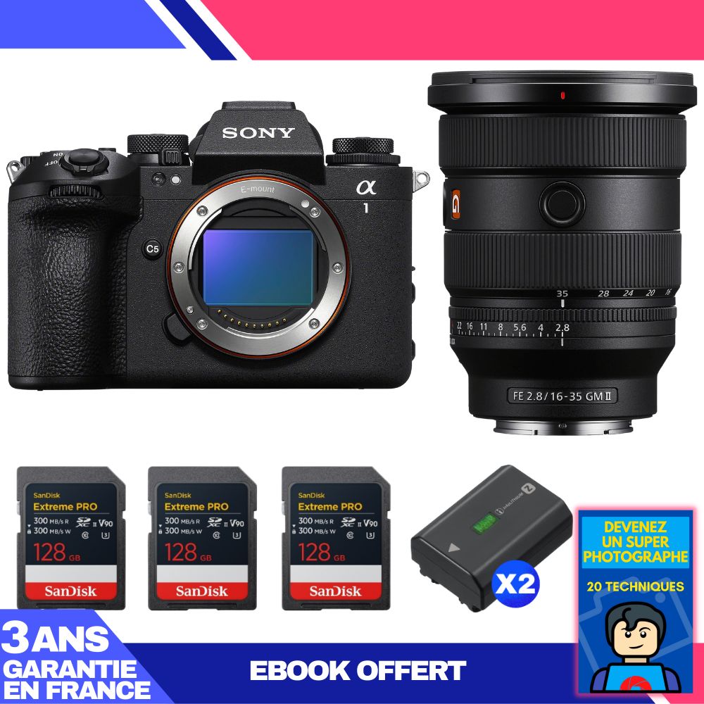 Sony Alpha 1 II Camera Body + FE 16-35mm f/2.8 GM II Lens + 3 SanDisk 128GB Extreme PRO UHS-II SDXC Cards + 2 Sony NP-FZ100 Batteries + Ebook 'Become a Super Photographer'