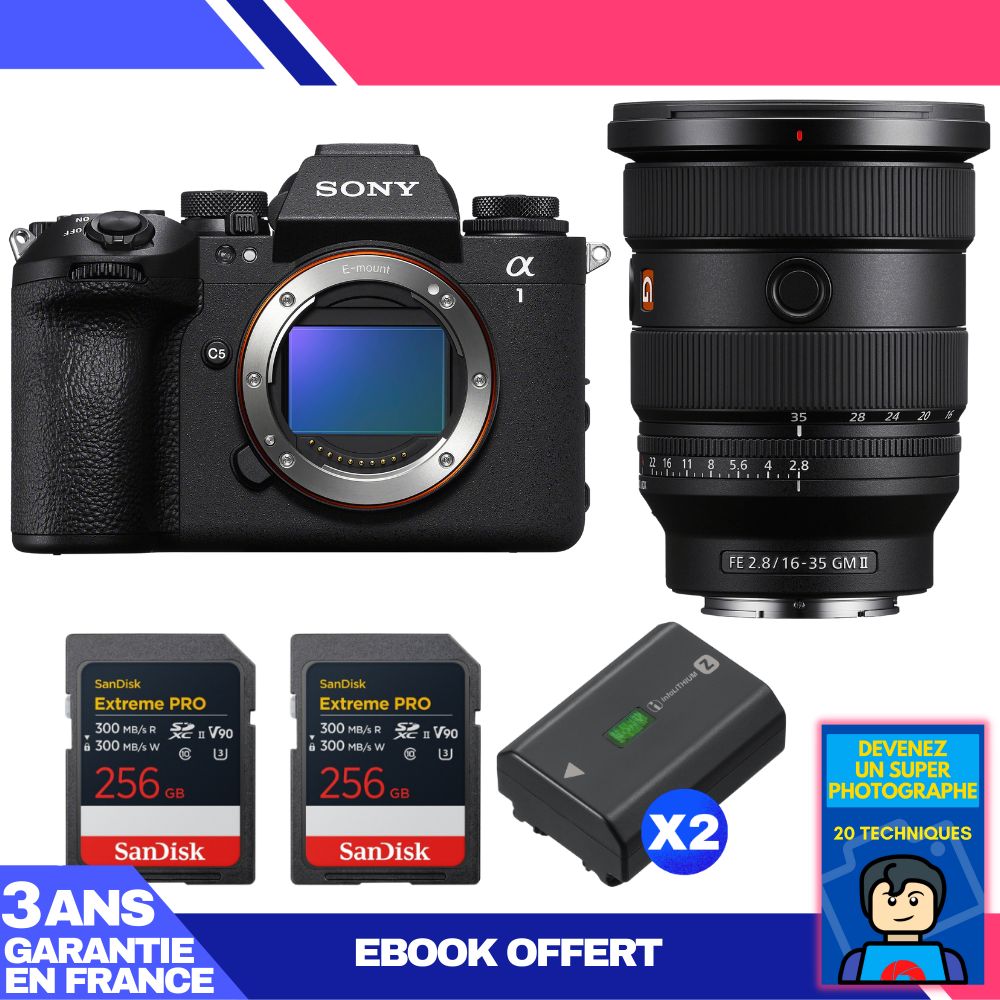 Sony Alpha 1 II Camera Body + FE 16-35mm f/2.8 GM II Lens + 2 x 256GB SanDisk Extreme PRO UHS-II SDXC Cards + 2 x Sony NP-FZ100 Batteries + Ebook 'Devenez Un Super Photographe'