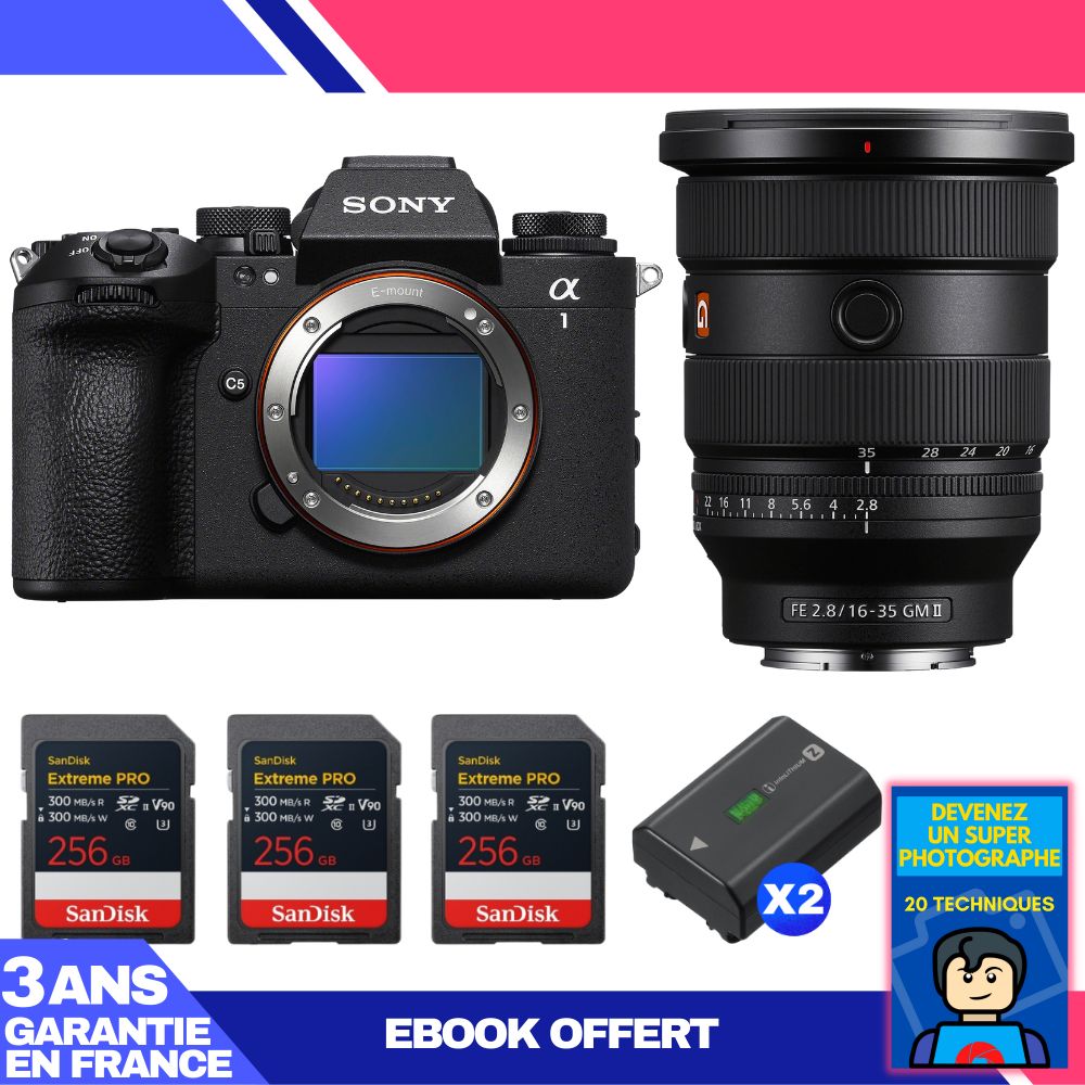 Sony Alpha 1 II Camera Body + FE 16-35mm f/2.8 GM II Lens + 3 SanDisk 256GB Extreme PRO UHS-II SDXC Cards + 2 Sony NP-FZ100 Batteries + Ebook 'Become a Super Photographer'