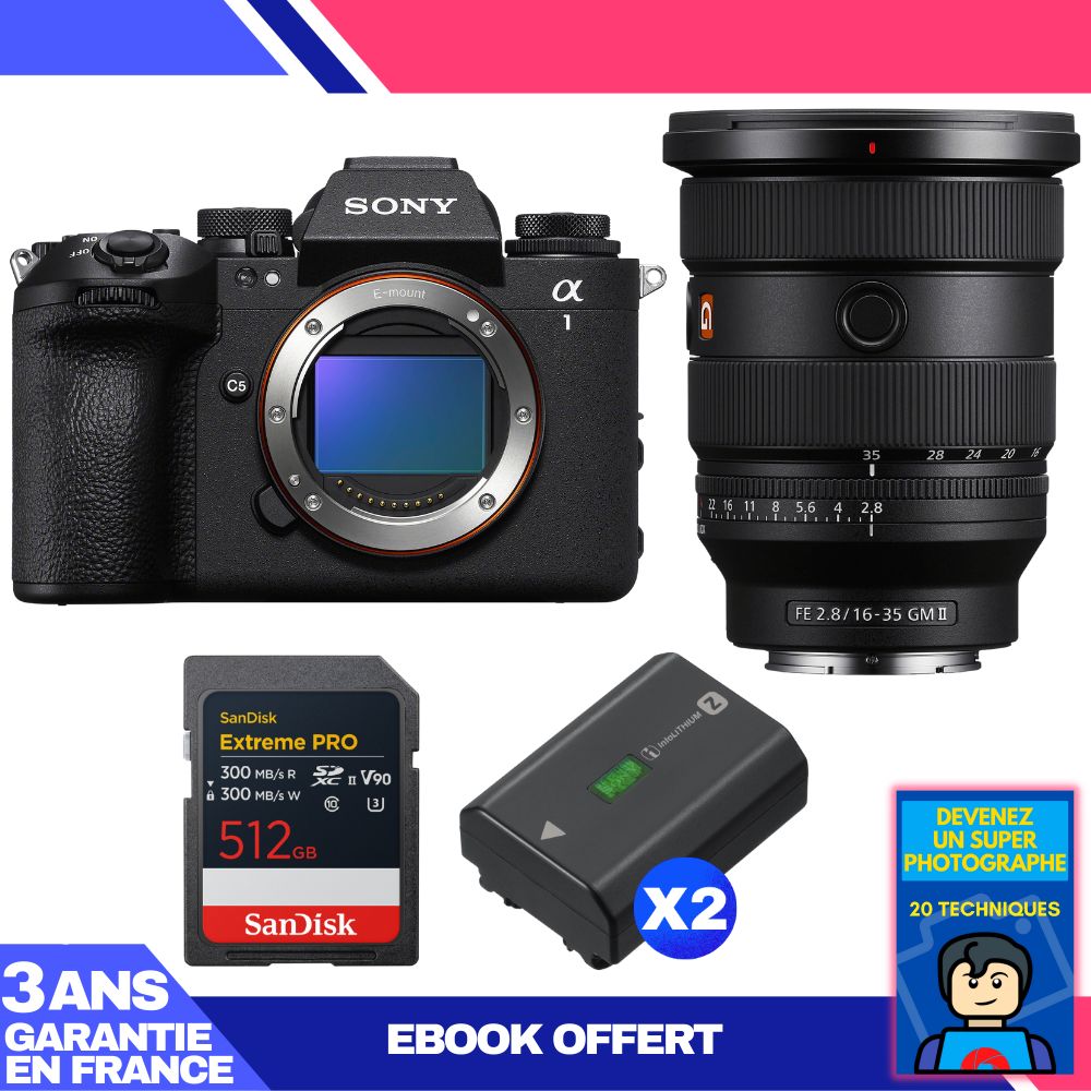 Sony Alpha 1 II Body + FE 16-35mm f/2.8 GM II Lens + 1 SanDisk 512GB Extreme PRO UHS-II SDXC Card + 2 Sony NP-FZ100 Batteries + Ebook 'Devenez Un Super Photographe