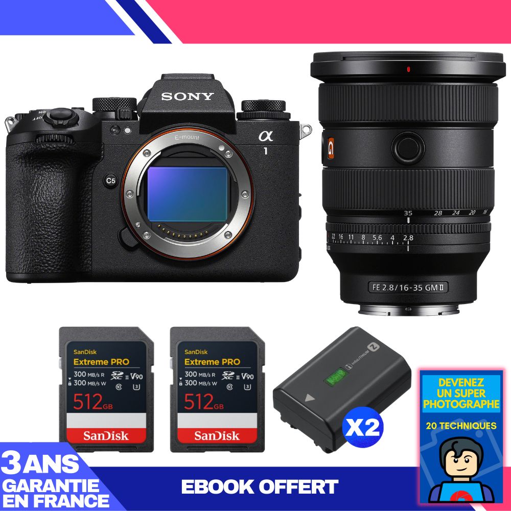 Sony Alpha 1 II Body + FE 16-35mm f/2.8 GM II Lens + 2x 512GB SanDisk Extreme PRO UHS-II SDXC Cards + 2x Sony NP-FZ100 Batteries + Ebook 'Devenez Un Super Photographe