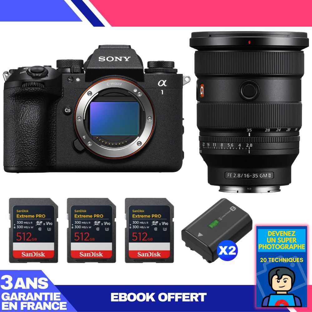 Sony Alpha 1 II Camera Body + FE 16-35mm f/2.8 GM II Lens + 3 SanDisk 512GB Extreme PRO UHS-II SDXC Cards + 2 Sony NP-FZ100 Batteries + Ebook 'Become a Super Photographer'