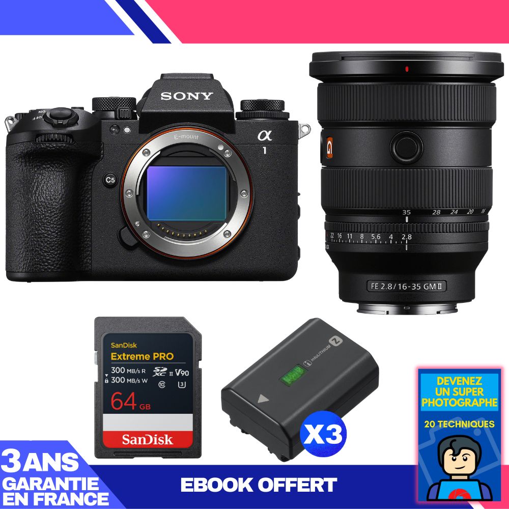 Sony Alpha 1 II Body + FE 16-35mm f/2.8 GM II Lens + 1 SanDisk 64GB Extreme PRO UHS-II SDXC + 3 Sony NP-FZ100 + Ebook 'Become a Super Photographer