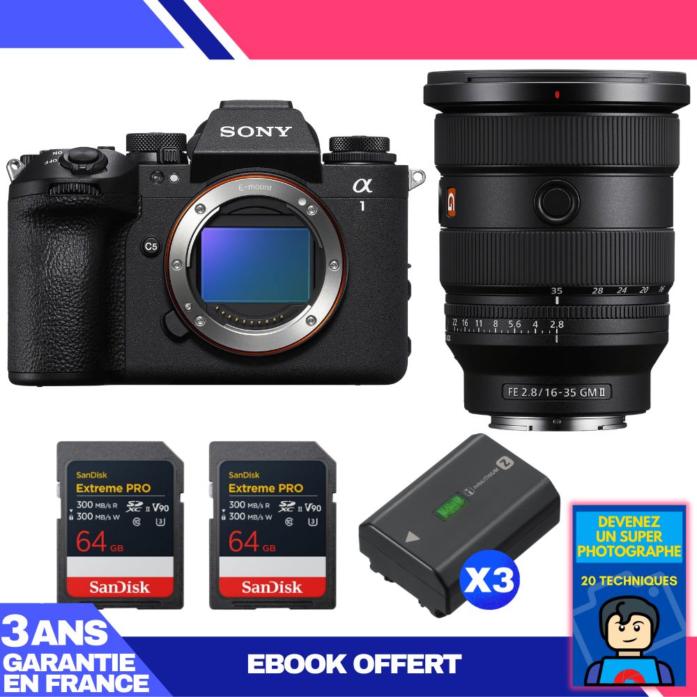 Sony Alpha 1 II Camera Body + FE 16-35mm f/2.8 GM II Lens + 2 SanDisk 64GB Extreme PRO UHS-II SDXC Cards + 3 Sony NP-FZ100 Batteries + Ebook 'Become a Super Photographer'