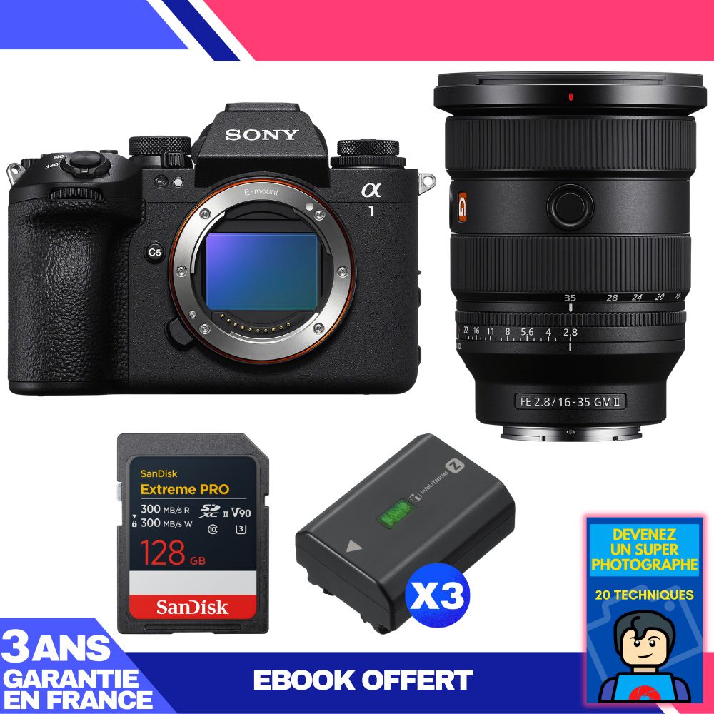 Sony Alpha 1 II Body + FE 16-35mm f/2.8 GM II Lens + 1 SanDisk 128GB Extreme PRO UHS-II SDXC Card + 3 Sony NP-FZ100 Batteries + Ebook 'Become a Super Photographer'