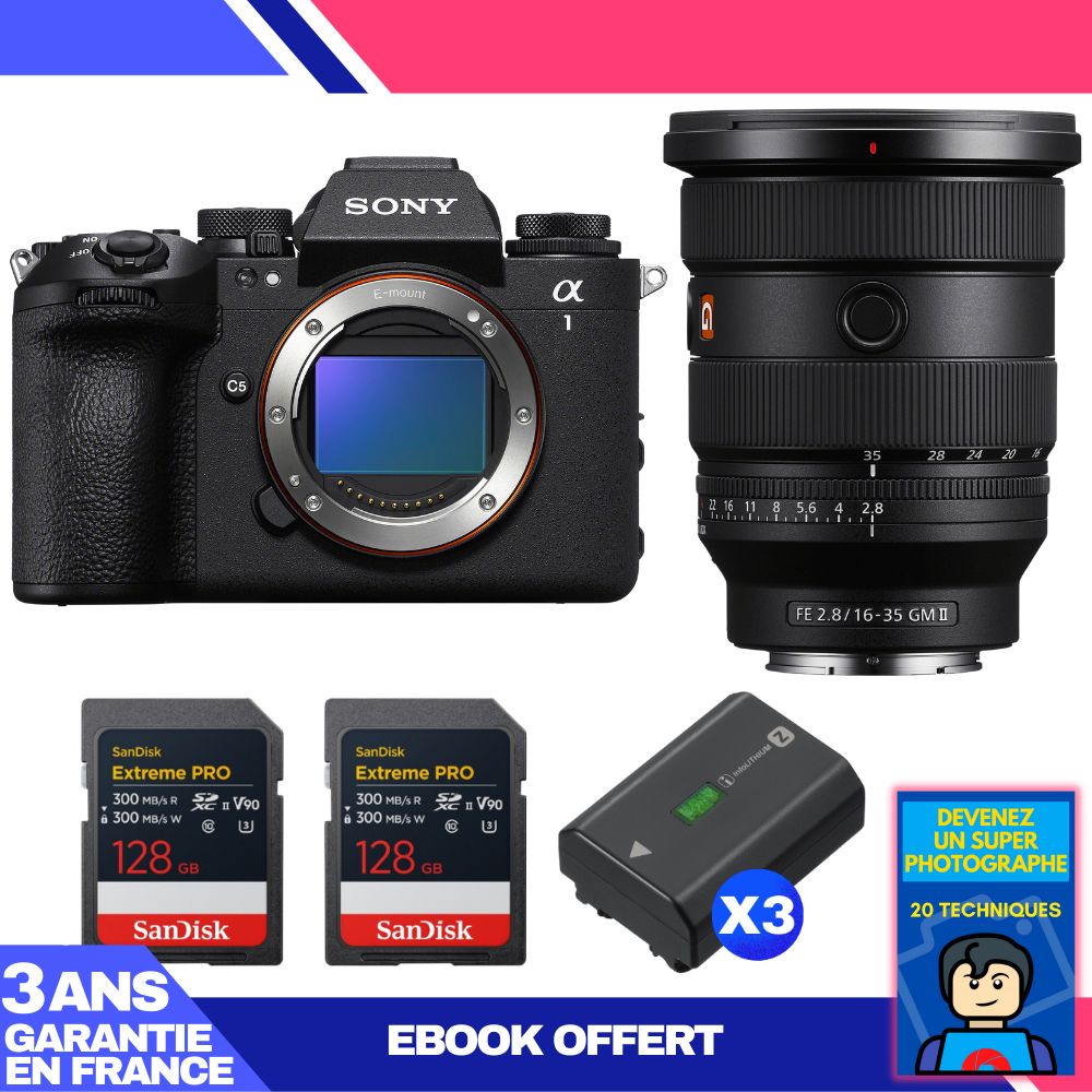 Sony Alpha 1 II Camera Body + FE 16-35mm f/2.8 GM II Lens + 2 SanDisk 128GB Extreme PRO UHS-II SDXC Cards + 3 Sony NP-FZ100 Batteries + 'Become a Super Photographer Ebook