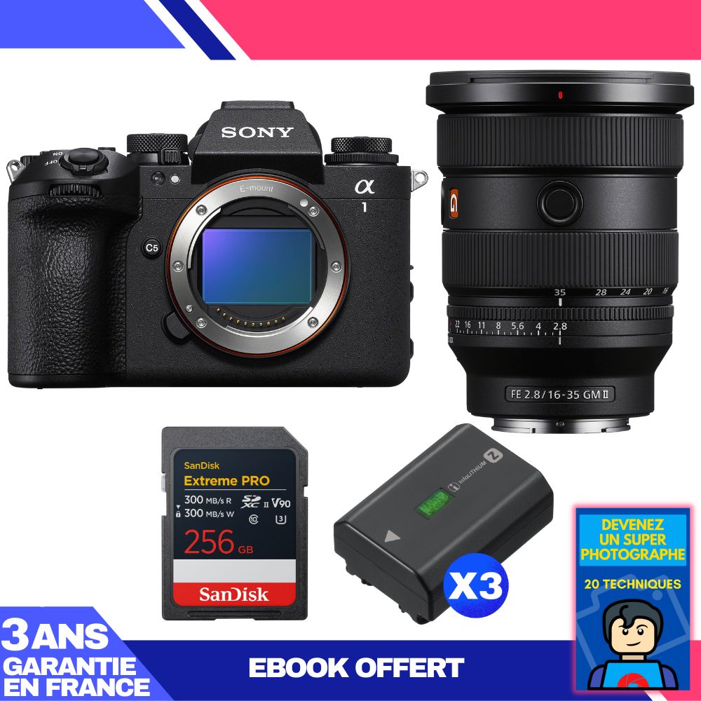 Sony Alpha 1 II Body + FE 16-35mm f/2.8 GM II Lens + 1 SanDisk 256GB Extreme PRO UHS-II SDXC + 3 Sony NP-FZ100 Batteries + 'Become a Super Photographer' Ebook