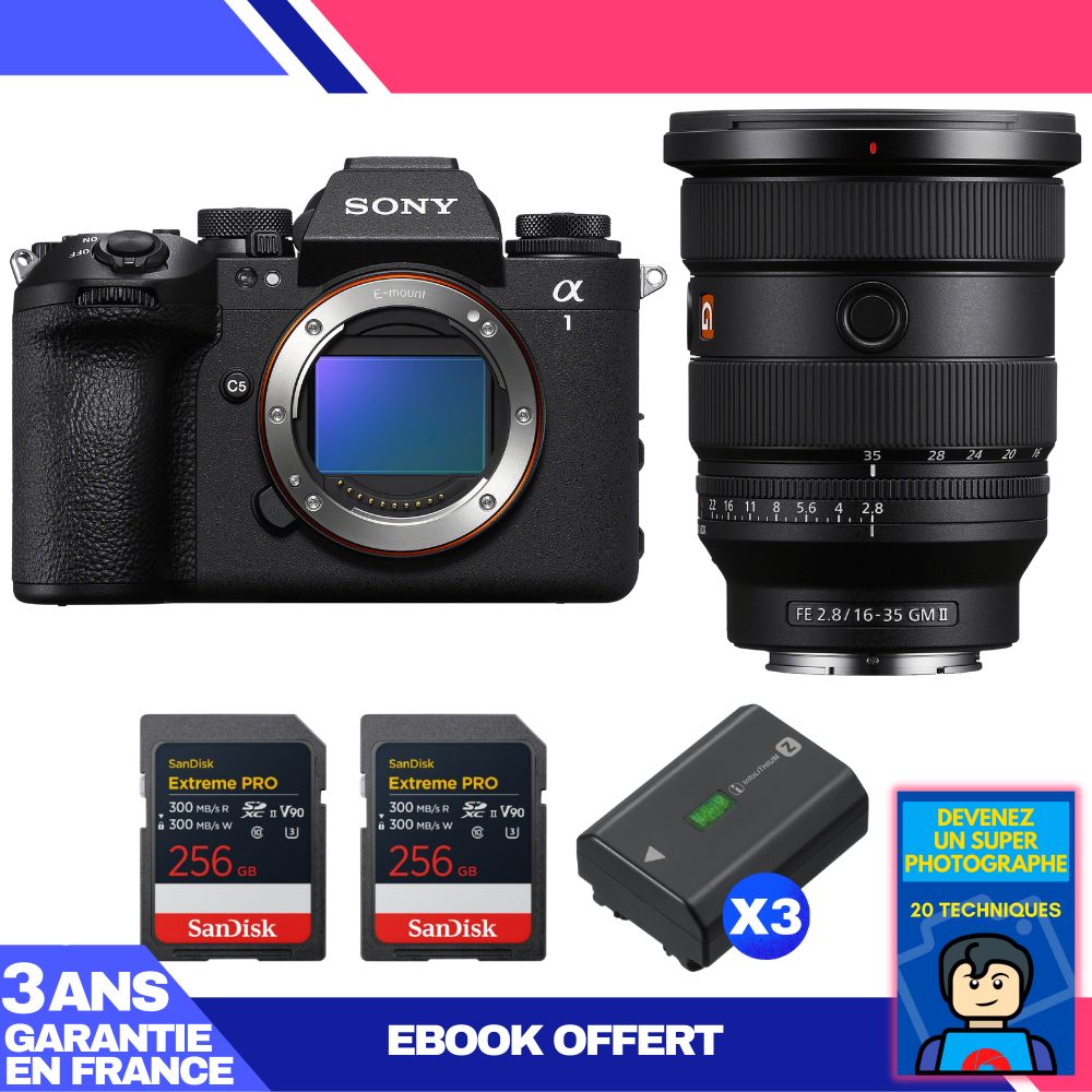 Sony Alpha 1 II Camera Body + FE 16-35mm f/2.8 GM II Lens + 2 SanDisk 256GB Extreme PRO UHS-II SDXC Cards + 3 Sony NP-FZ100 Batteries + Ebook 'Devenez Un Super Photographe