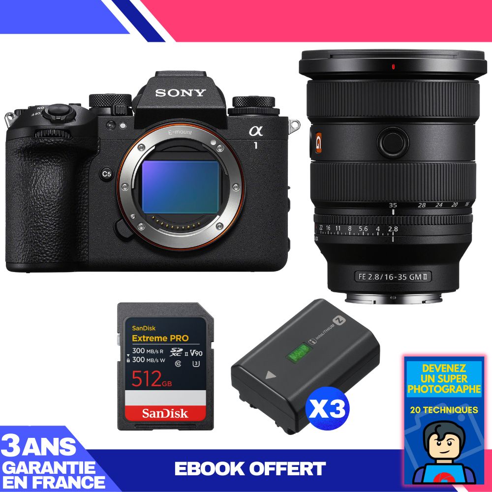Sony Alpha 1 II Camera Body + FE 16-35mm f/2.8 GM II Lens + 1 SanDisk 512GB Extreme PRO UHS-II SDXC + 3 Sony NP-FZ100 Batteries + Ebook 'Devenez Un Super Photographe