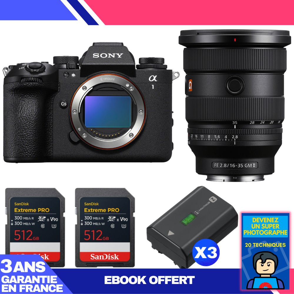Sony Alpha 1 II Camera Body + FE 16-35mm f/2.8 GM II Lens + 2x SanDisk 512GB Extreme PRO UHS-II SDXC Cards + 3x Sony NP-FZ100 Batteries + Ebook 'Devenez Un Super Photographe