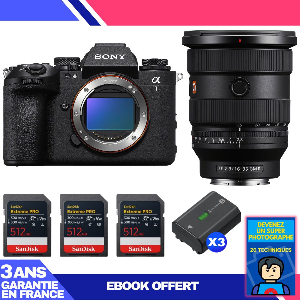 Sony Alpha 1 II Camera Body + FE 16-35mm f/2.8 GM II Lens + 3 SanDisk 512GB Extreme PRO UHS-II SDXC Cards + 3 Sony NP-FZ100 Batteries + Ebook 'Become a Super Photographer'