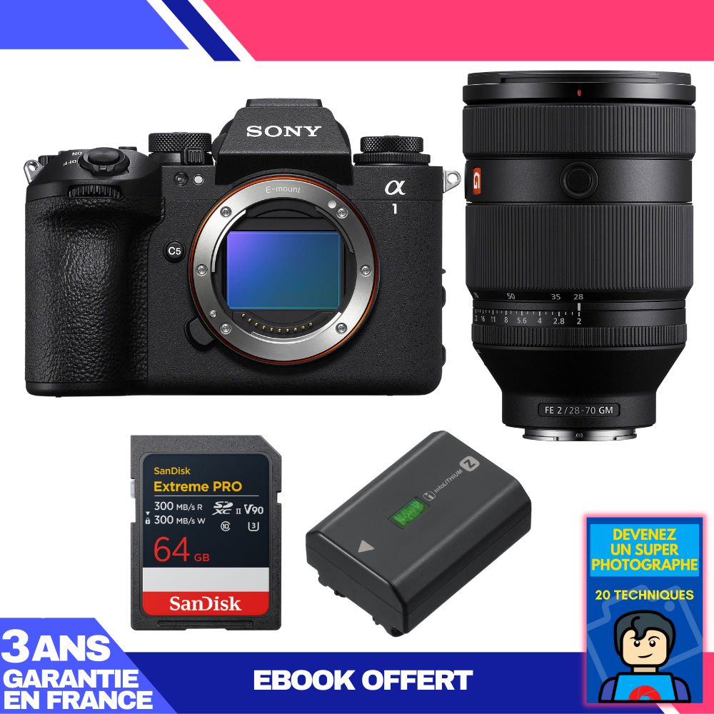 Sony Alpha 1 II Body + FE 28-70mm f/2 GM Lens + 1 SanDisk 64GB Extreme PRO UHS-II SDXC + Sony NP-FZ100 + Ebook 'Devenez Un Super Photographe