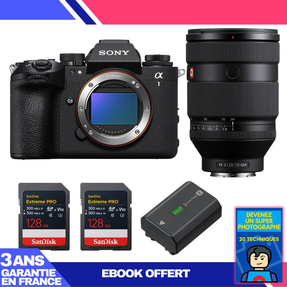 Sony Alpha 1 II Camera Body + FE 28-70mm f/2 GM Lens + 2x SanDisk 128GB Extreme PRO UHS-II SDXC Cards + Sony NP-FZ100 Battery + Ebook