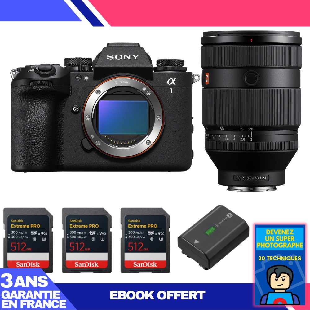 Sony Alpha 1 II Camera Body + FE 28-70mm f/2 GM Lens + 3x SanDisk 512GB Extreme PRO UHS-II SDXC Cards + Sony NP-FZ100 Battery + Ebook