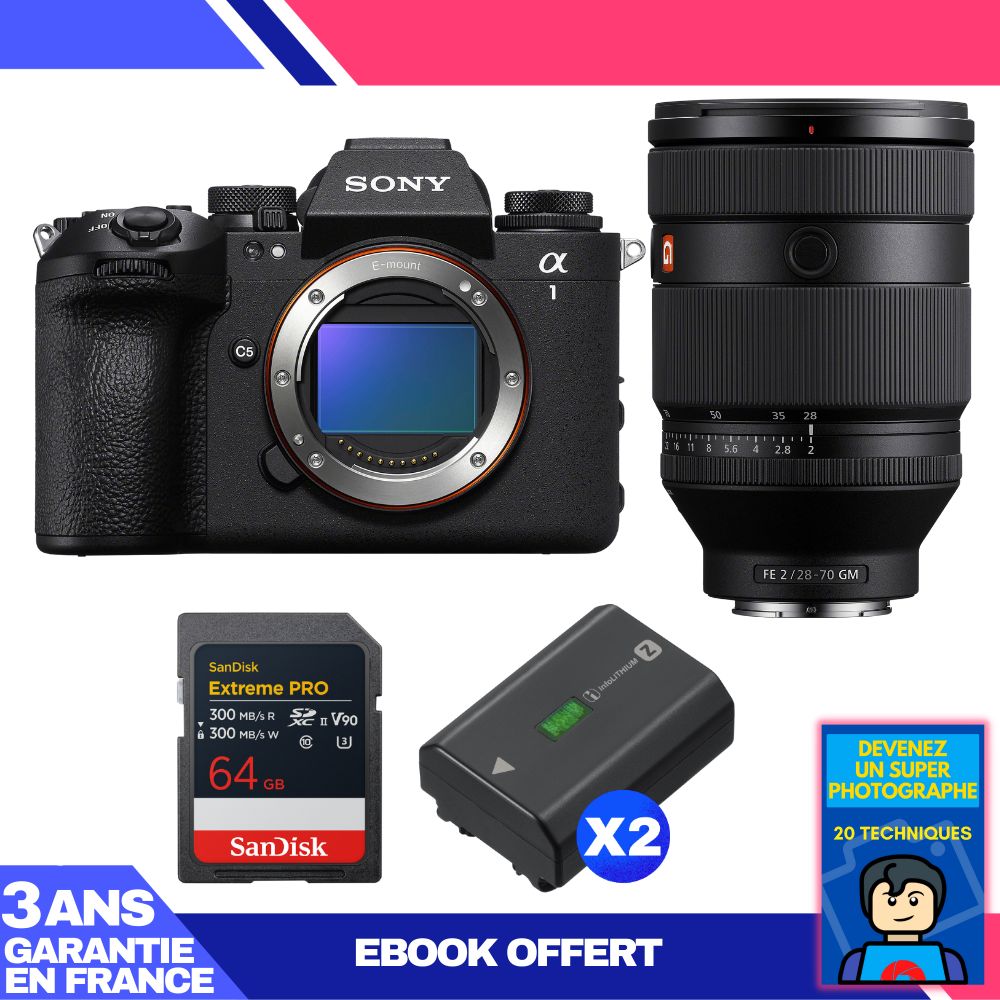 Sony Alpha 1 II Body + FE 28-70mm f/2 GM Lens + 1 SanDisk 64GB Extreme PRO UHS-II SDXC Card + 2 Sony NP-FZ100 Batteries + Ebook 'Devenez Un Super Photographe