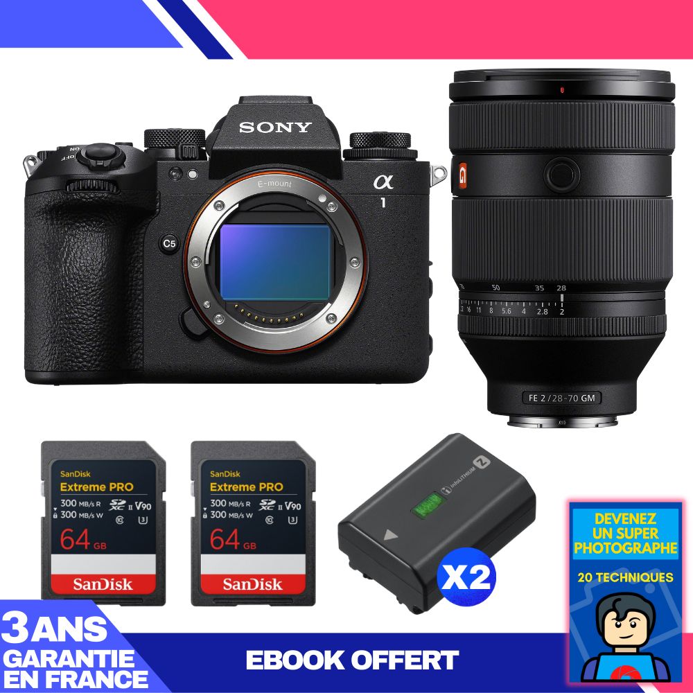 Sony Alpha 1 II Camera Body + FE 28-70mm f/2 GM Lens + 2x SanDisk 64GB Extreme PRO UHS-II SDXC Cards + 2x Sony NP-FZ100 Batteries + Ebook 'Devenez Un Super Photographe