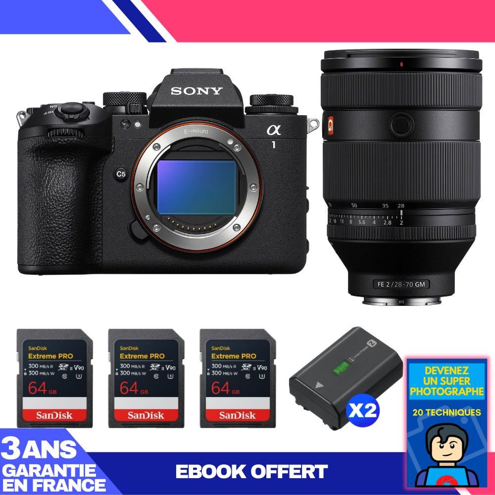 Sony Alpha 1 II Body + FE 28-70mm f/2 GM Lens + 3 SanDisk 64GB Extreme PRO UHS-II SDXC Cards + 2 Sony NP-FZ100 Batteries + 'Become a Super Photographer' Ebook