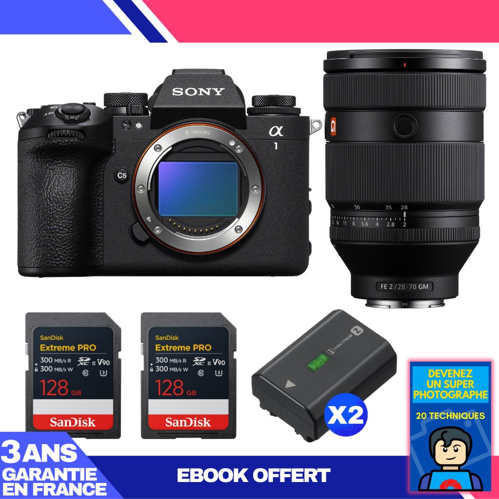 Sony Alpha 1 II Camera Body + FE 28-70mm f/2 GM Lens + 2 SanDisk 128GB Extreme PRO UHS-II SDXC Cards + 2 Sony NP-FZ100 Batteries + Ebook 'Become a Super Photographer'