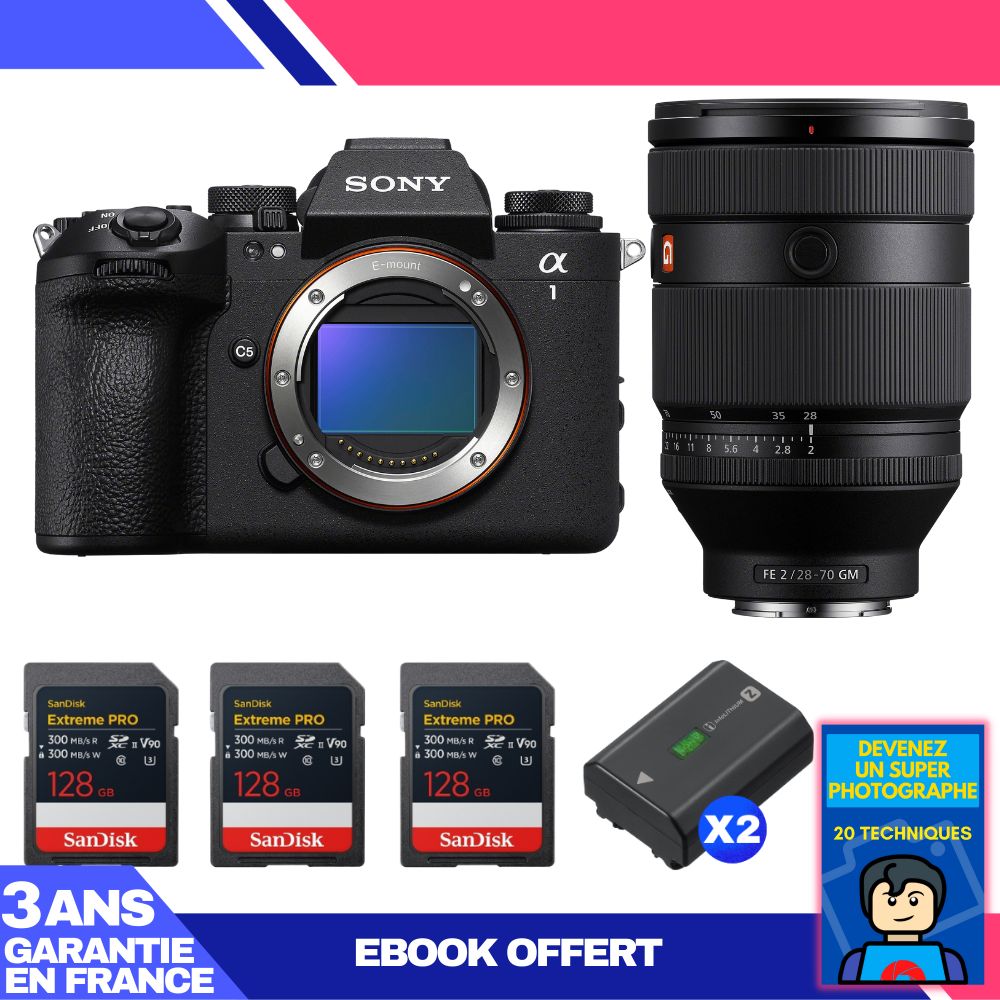 Sony Alpha 1 II Body + FE 28-70mm f/2 GM Lens + 3 SanDisk 128GB Extreme PRO UHS-II SDXC Cards + 2 Sony NP-FZ100 Batteries + Ebook 'Devenez Un Super Photographe