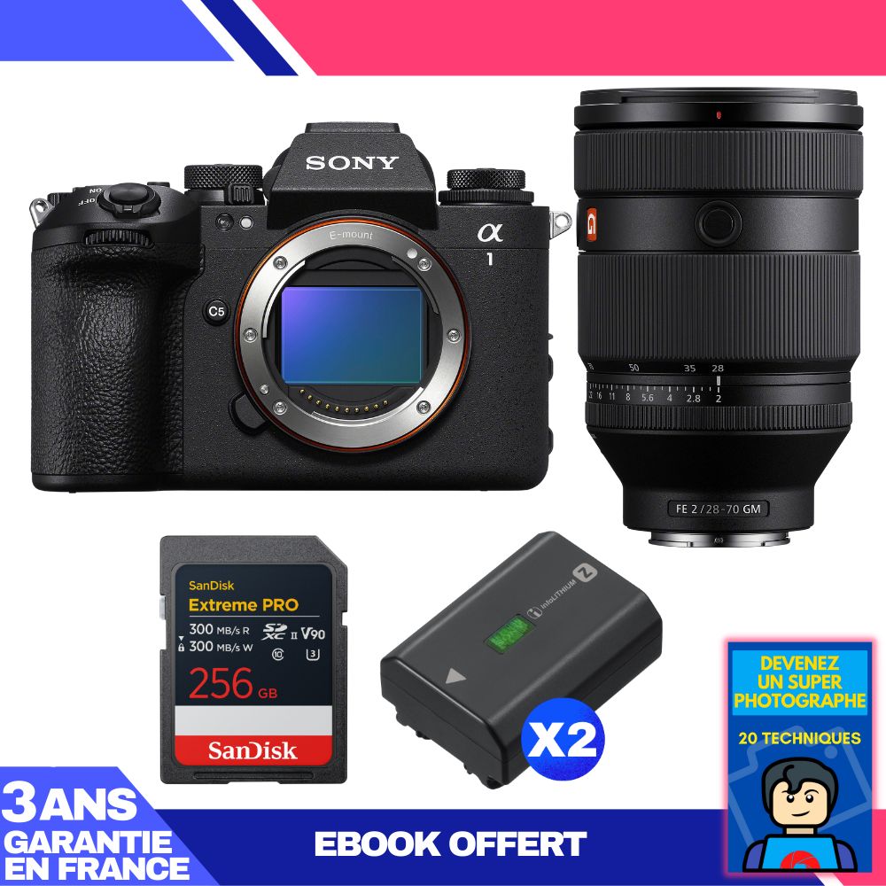 Sony Alpha 1 II Body + FE 28-70mm f/2 GM Lens + 1 SanDisk 256GB Extreme PRO UHS-II SDXC + 2 Sony NP-FZ100 + Ebook 'Devenez Un Super Photographe