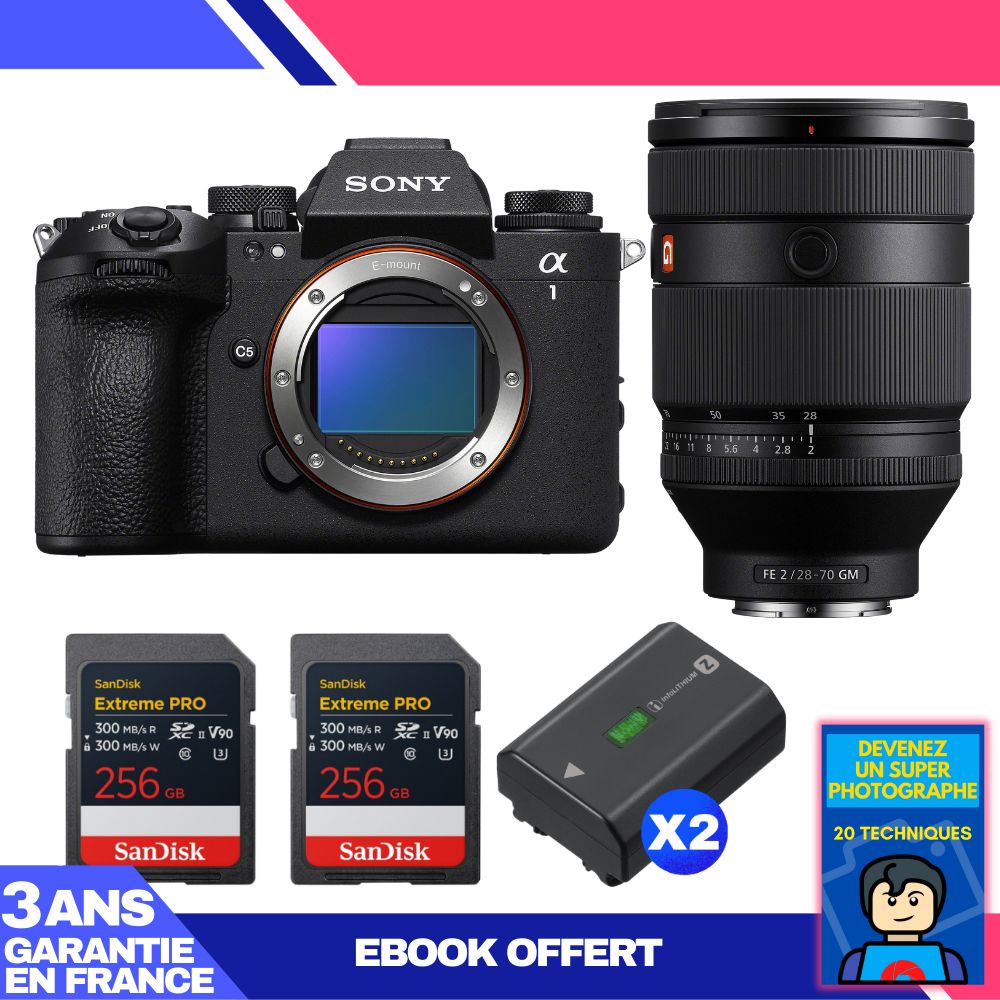 Sony Alpha 1 II Body + FE 28-70mm f/2 GM Lens + 2 SanDisk 256GB Extreme PRO UHS-II SDXC Cards + 2 Sony NP-FZ100 Batteries + Ebook 'Devenez Un Super Photographe