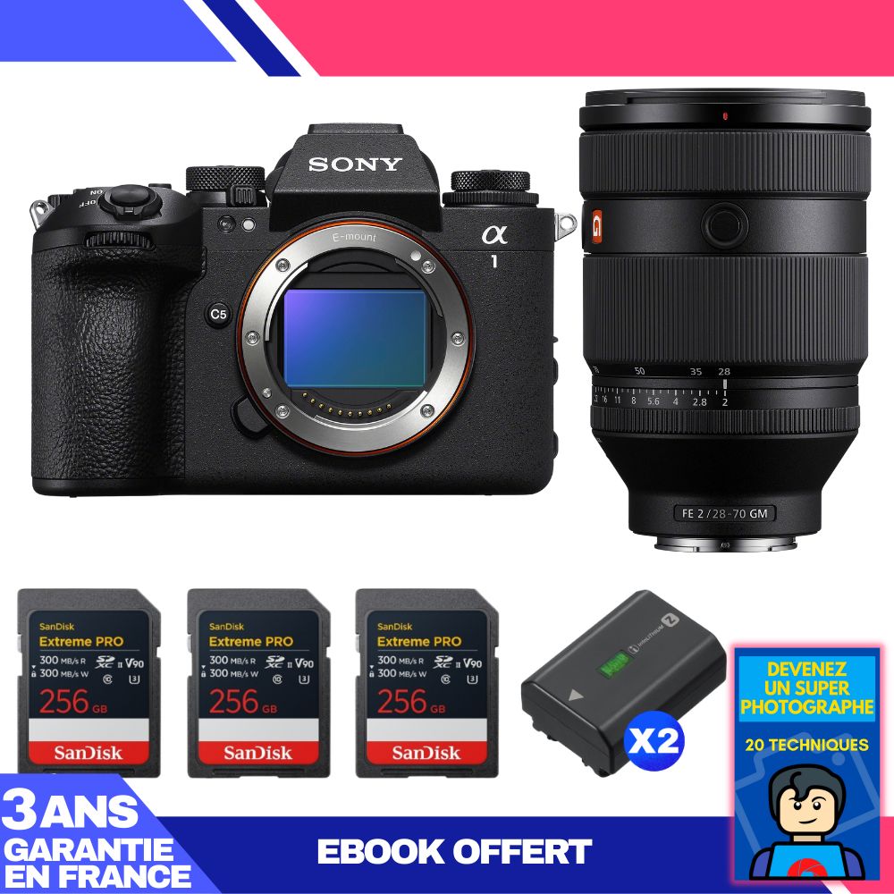 Sony Alpha 1 II Camera Body + FE 28-70mm f/2 GM Lens + 3 SanDisk 256GB Extreme PRO UHS-II SDXC Cards + 2 Sony NP-FZ100 Batteries + 'Become a Super Photographer' Ebook