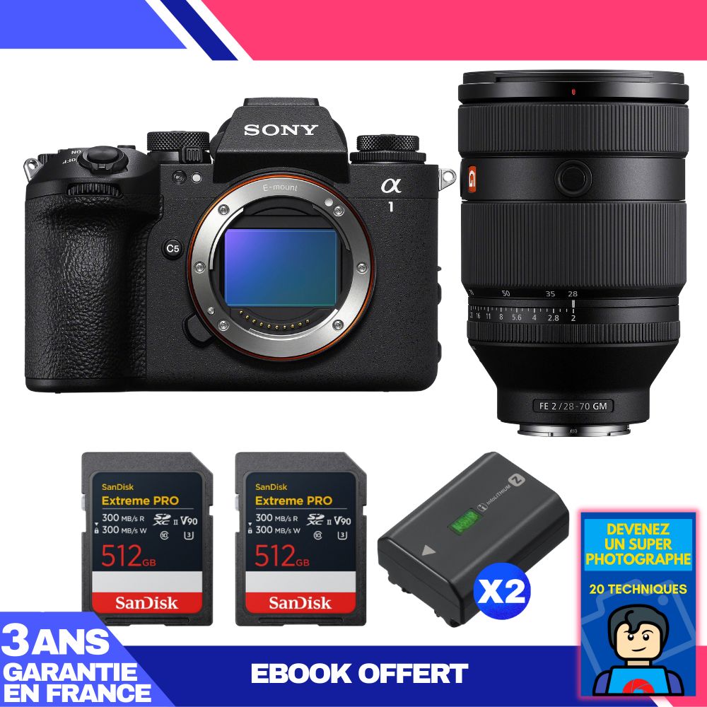 Sony Alpha 1 II Body + FE 28-70mm f/2 GM Lens + 2 SanDisk 512GB Extreme PRO UHS-II SDXC Cards + 2 Sony NP-FZ100 Batteries + Ebook 'Devenez Un Super Photographe