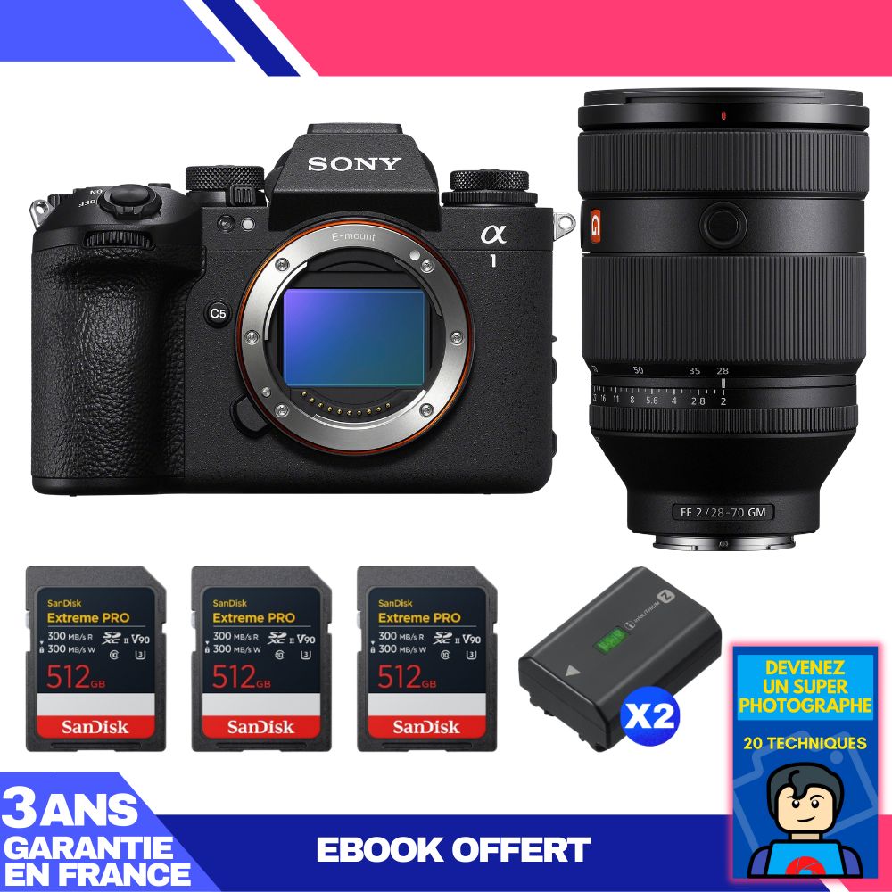 Sony Alpha 1 II Camera Body + FE 28-70mm f/2 GM Lens + 3 SanDisk 512GB Extreme PRO UHS-II SDXC Cards + 2 Sony NP-FZ100 Batteries + Ebook 'Devenez Un Super Photographe