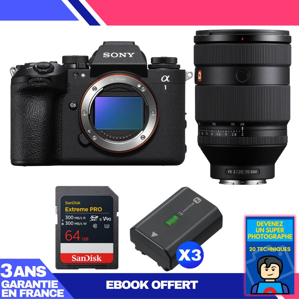 Sony Alpha 1 II Body + FE 28-70mm f/2 GM Lens + 1 SanDisk 64GB Extreme PRO UHS-II SDXC Card + 3 Sony NP-FZ100 Batteries + Ebook 'Devenez Un Super Photographe