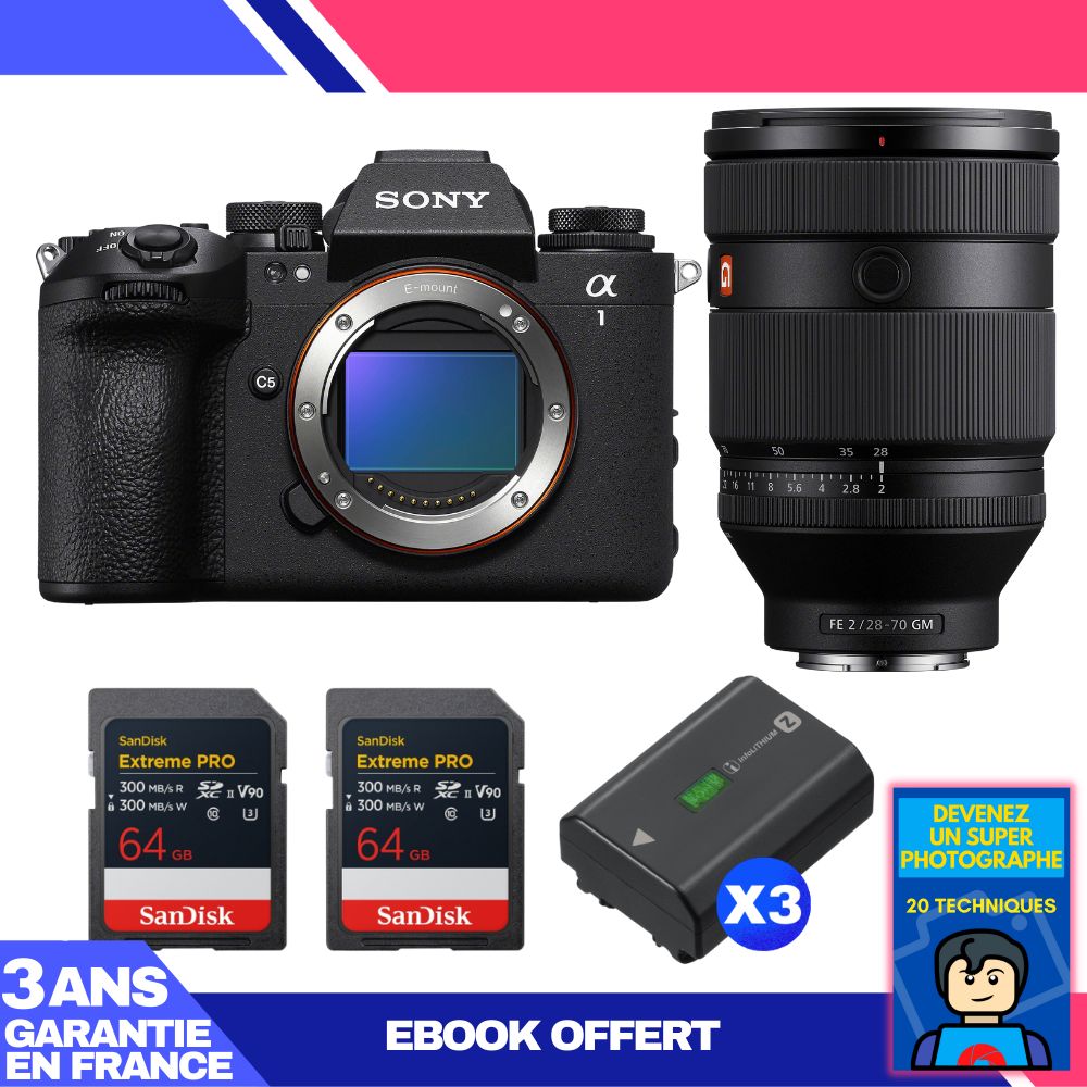 Sony Alpha 1 II Camera Body + FE 28-70mm f/2 GM Lens + 2 SanDisk 64GB Extreme PRO UHS-II SDXC Cards + 3 Sony NP-FZ100 Batteries + 'Become a Super Photographer' Ebook
