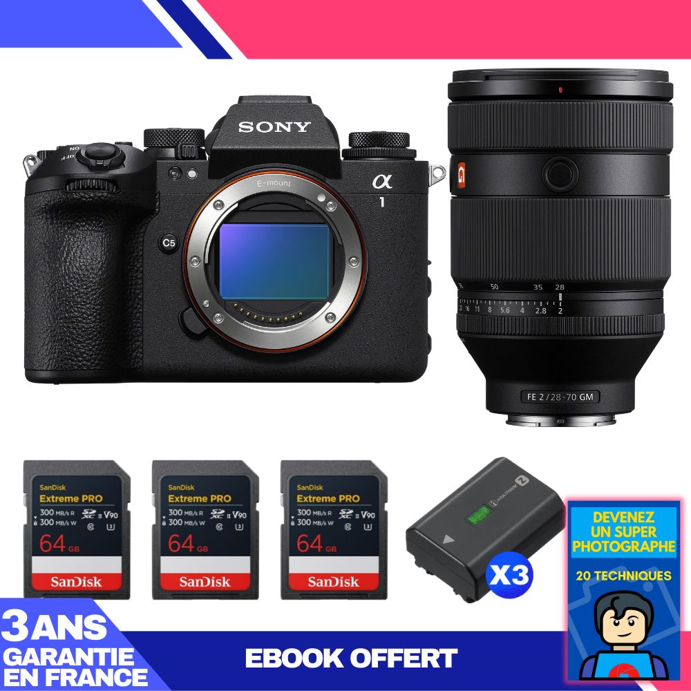 Sony Alpha 1 II Body + FE 28-70mm f/2 GM Lens + 3 SanDisk 64GB Extreme PRO UHS-II SDXC Cards + 3 Sony NP-FZ100 Batteries + Ebook 'Devenez Un Super Photographe