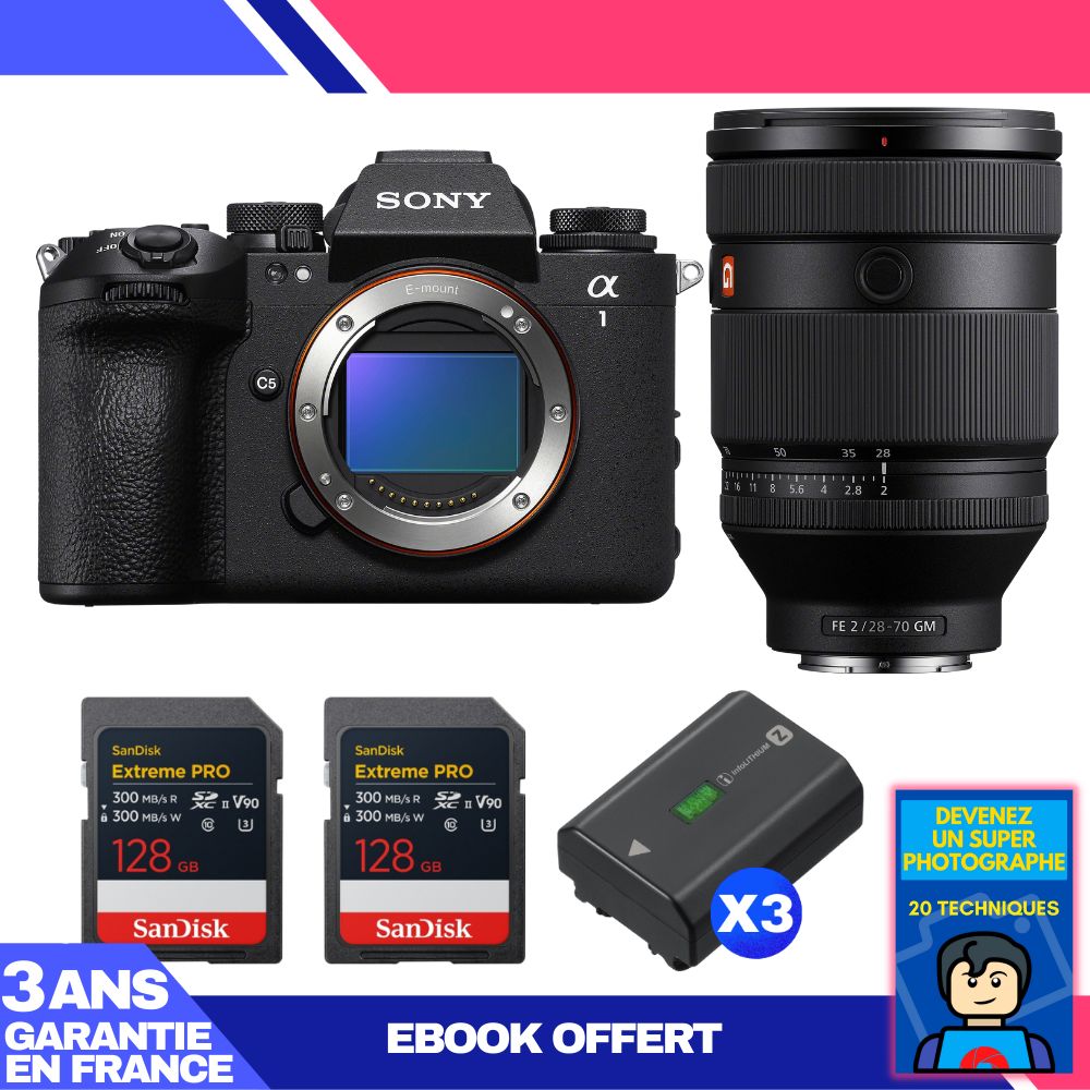 Sony Alpha 1 II Camera Body + FE 28-70mm f/2 GM Lens + 2 SanDisk 128GB Extreme PRO UHS-II SDXC Cards + 3 Sony NP-FZ100 Batteries + Ebook 'Become a Super Photographer'