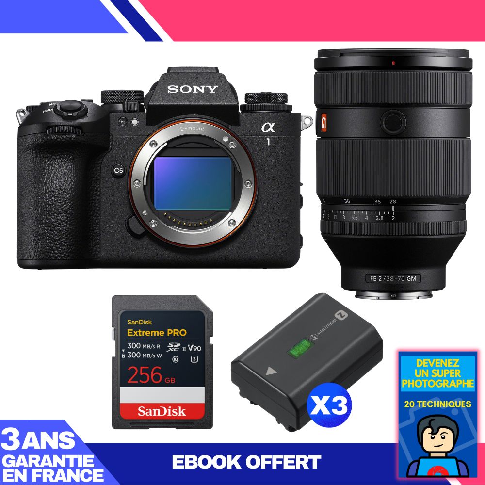 Sony Alpha 1 II Body + FE 28-70mm f/2 GM Lens + 1 SanDisk 256GB Extreme PRO UHS-II SDXC + 3 Sony NP-FZ100 + Ebook 'Devenez Un Super Photographe
