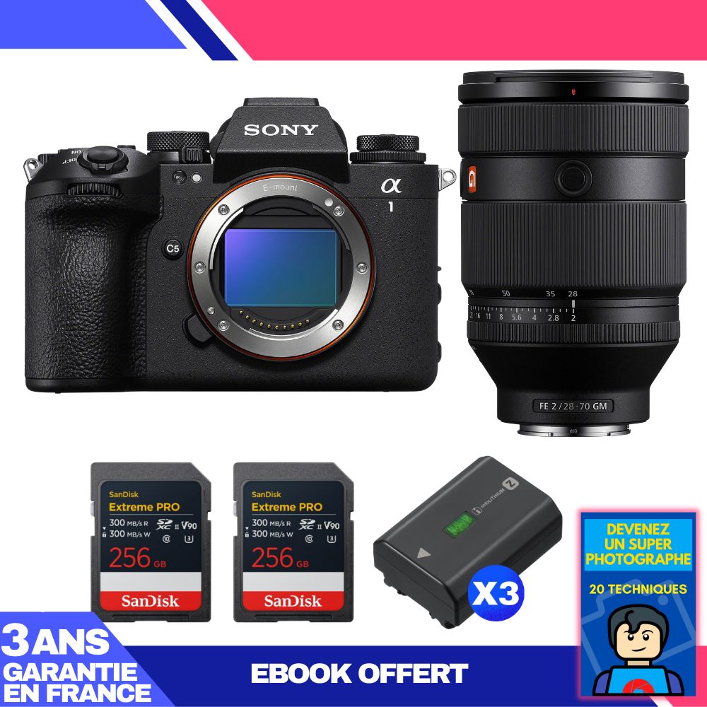 Sony Alpha 1 II Camera Body + FE 28-70mm f/2 GM Lens + 2 SanDisk 256GB Extreme PRO UHS-II SDXC Cards + 3 Sony NP-FZ100 Batteries + Ebook 'Devenez Un Super Photographe