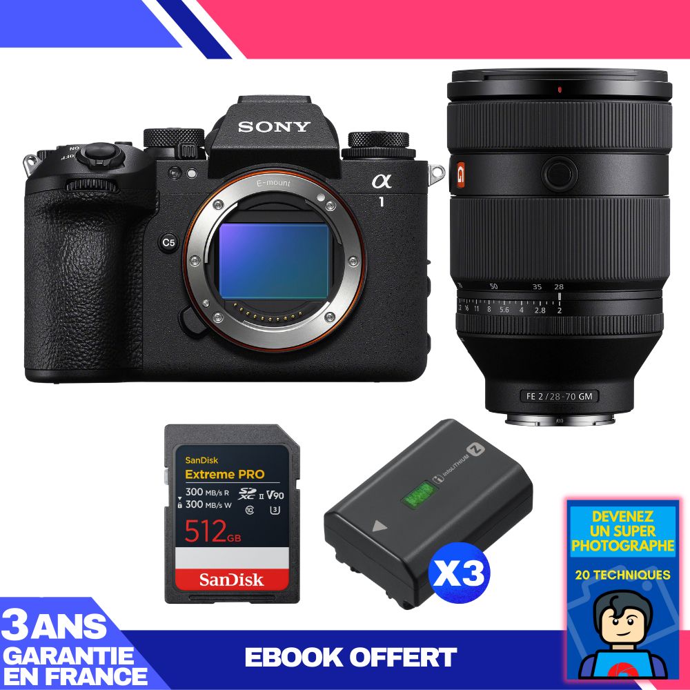 Sony Alpha 1 II Camera Body + FE 28-70mm f/2 GM Lens + 1 SanDisk 512GB Extreme PRO UHS-II SDXC Card + 3 Sony NP-FZ100 Batteries + Ebook