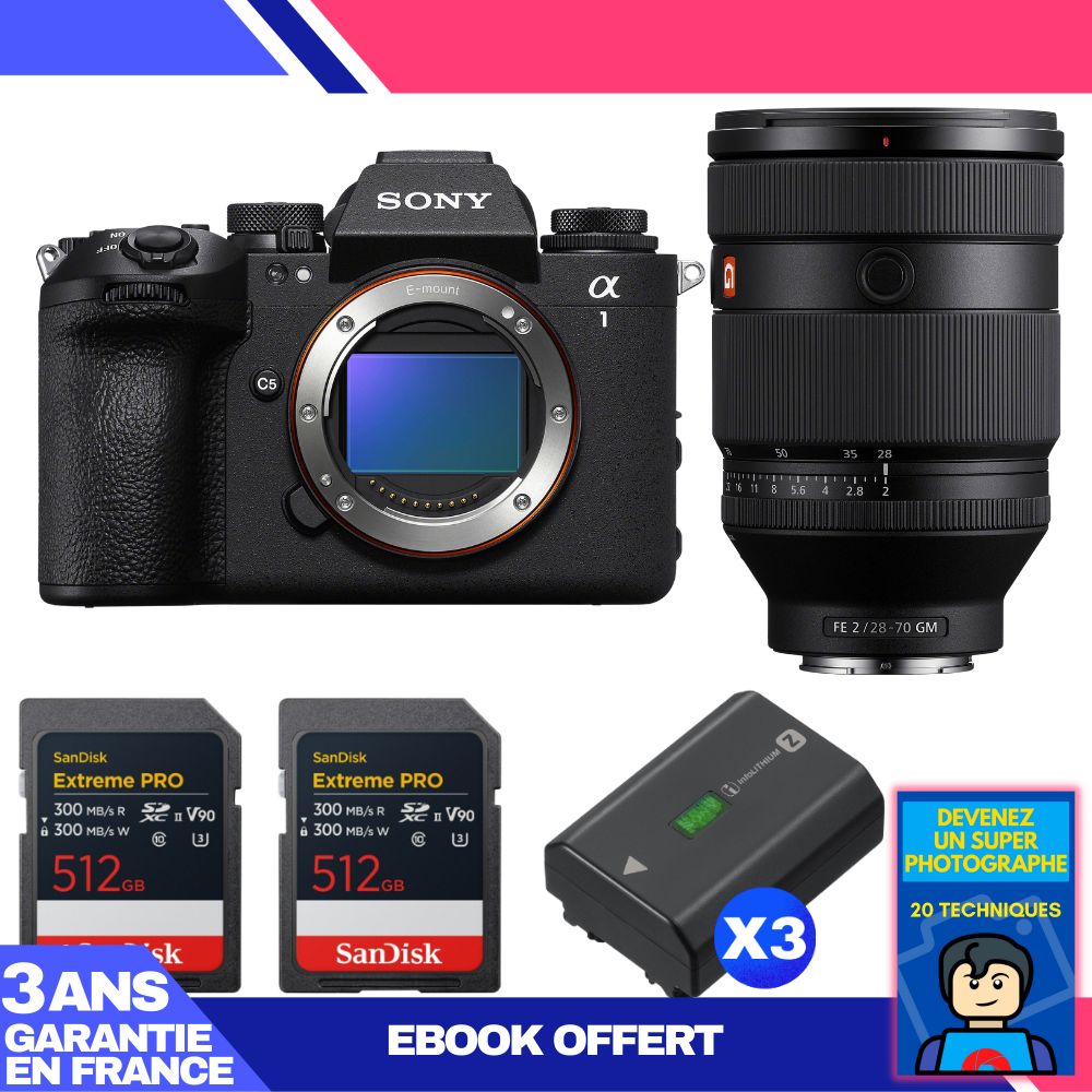 Sony Alpha 1 II Camera Body + FE 28-70mm f/2 GM Lens + 2 SanDisk 512GB Extreme PRO UHS-II SDXC Cards + 3 Sony NP-FZ100 Batteries + Ebook