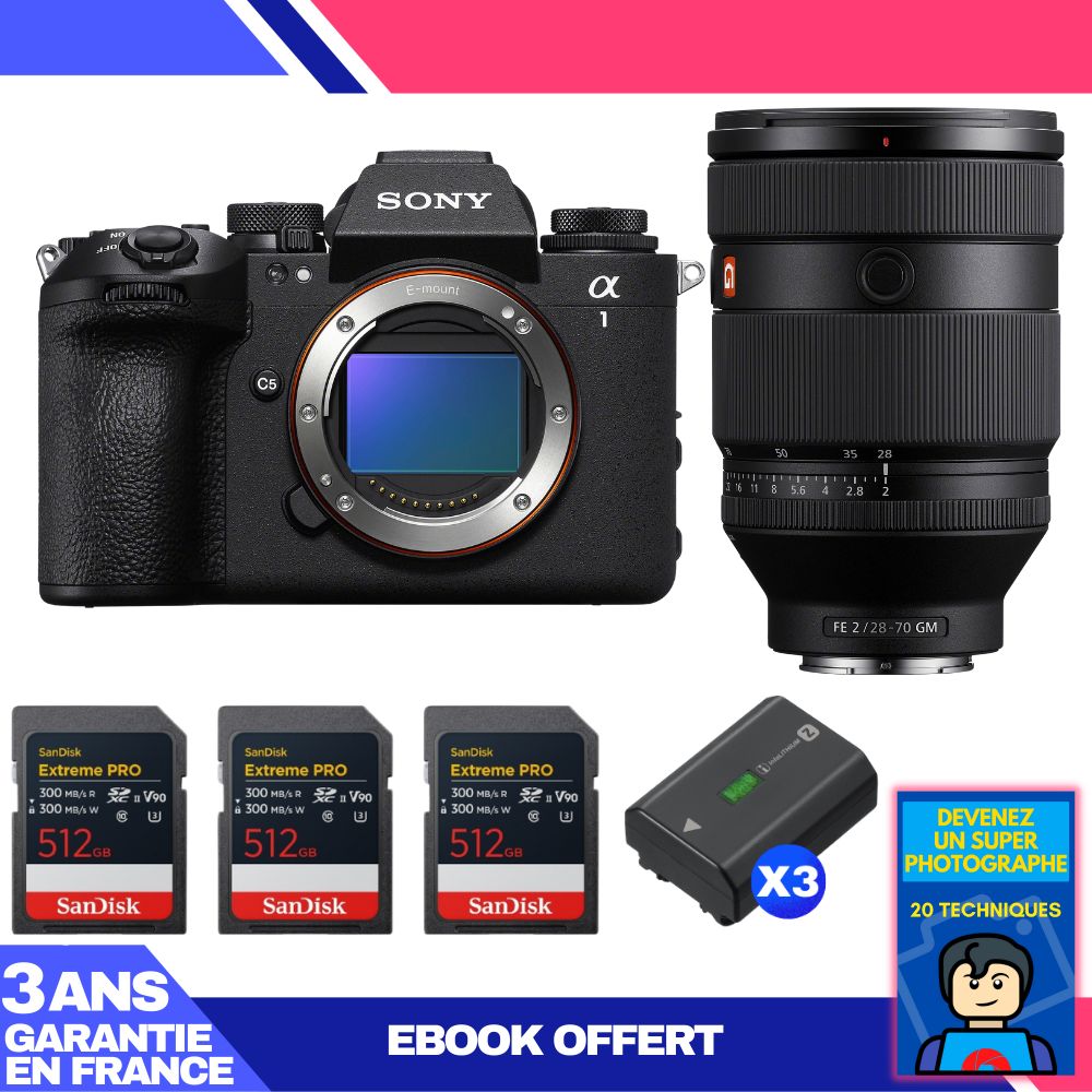 Sony Alpha 1 II Camera Body + FE 28-70mm f/2 GM Lens + 3 SanDisk 512GB Extreme PRO UHS-II SDXC Cards + 3 Sony NP-FZ100 Batteries + Ebook 'Become a Super Photographer'