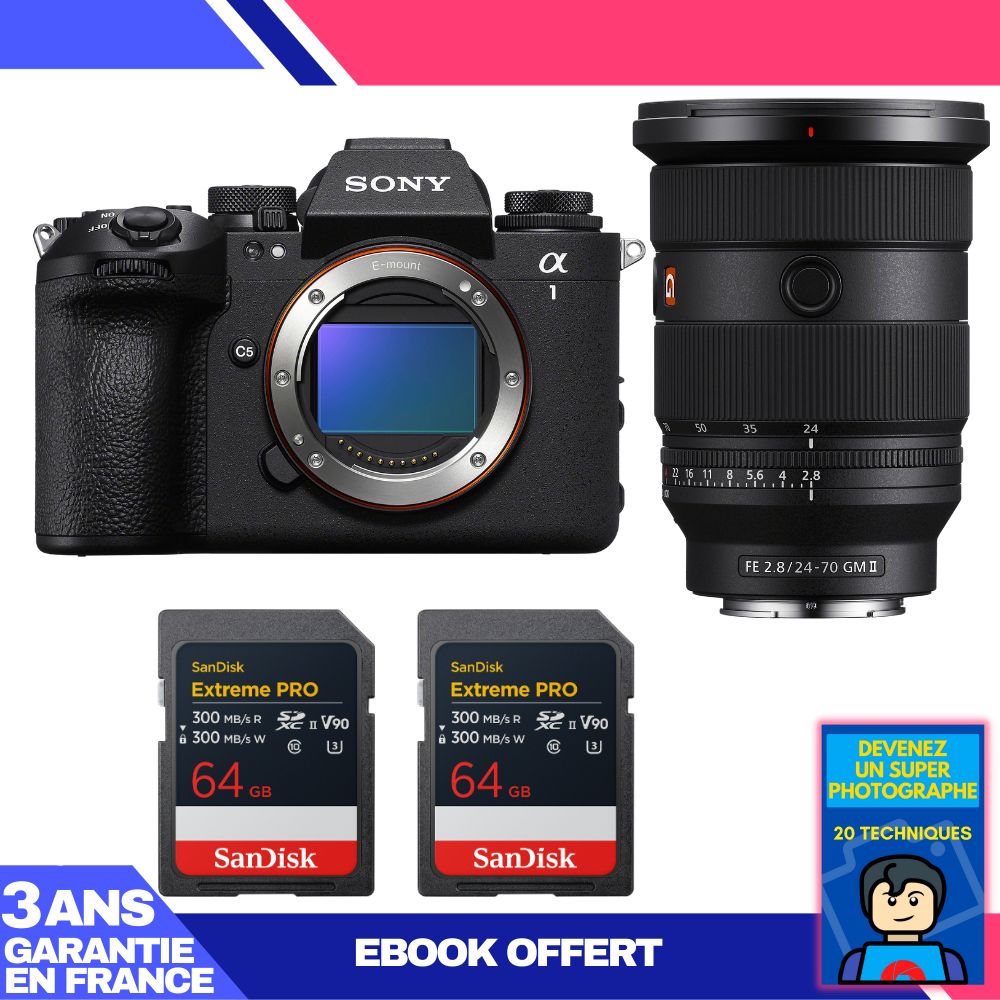 Sony Alpha 1 II Camera Body + FE 24-70mm f/2.8 GM II Lens + 2 SanDisk 64GB Extreme PRO UHS-II SDXC Cards + 'Become a Super Photographer' Ebook