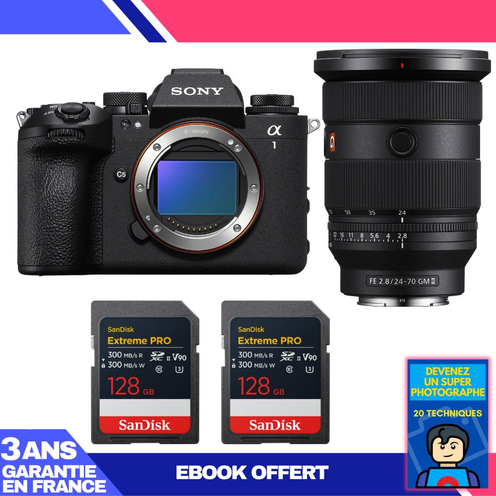 Sony Alpha 1 II Camera Body + FE 24-70mm f/2.8 GM II Lens + 2 SanDisk 128GB Extreme PRO UHS-II SDXC Cards + 'Become a Super Photographer' Ebook