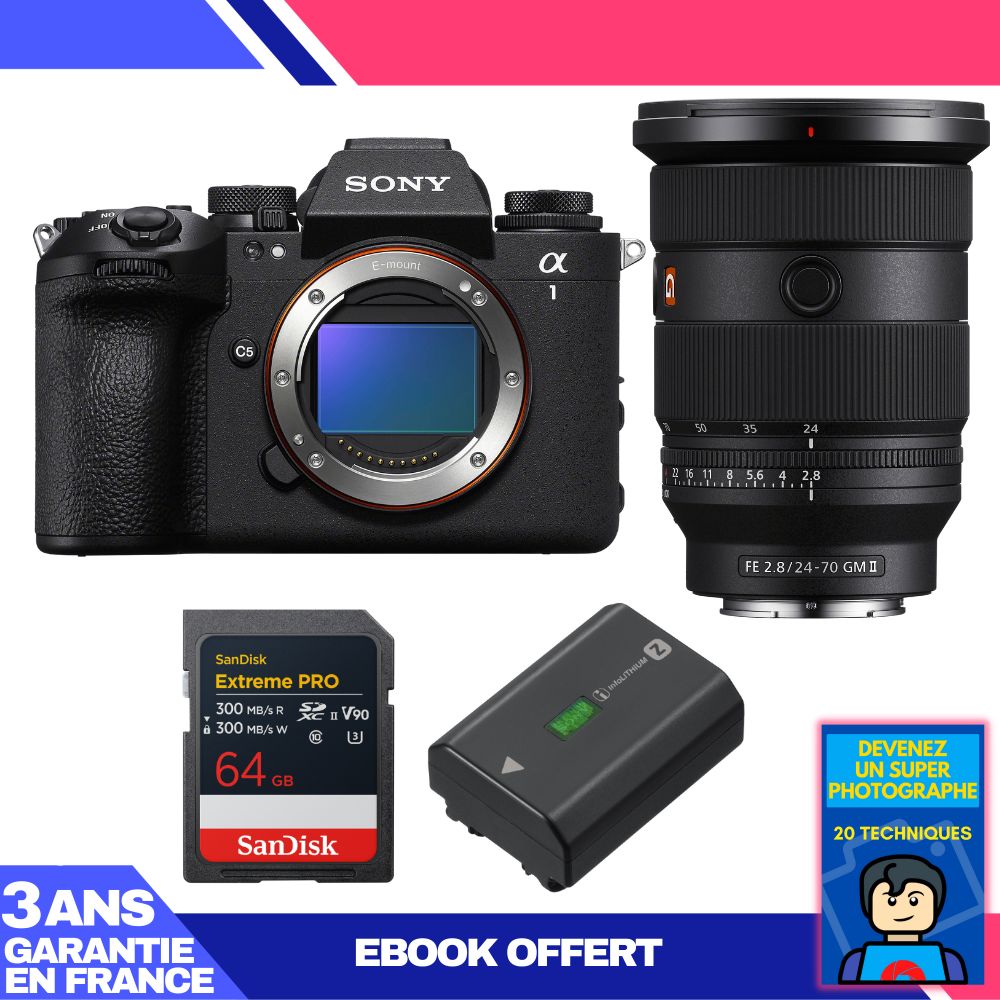 Sony Alpha 1 II Camera Body + FE 24-70mm f/2.8 GM II Lens + 1 SanDisk 64GB Extreme PRO UHS-II SDXC + Sony NP-FZ100 Battery + Ebook